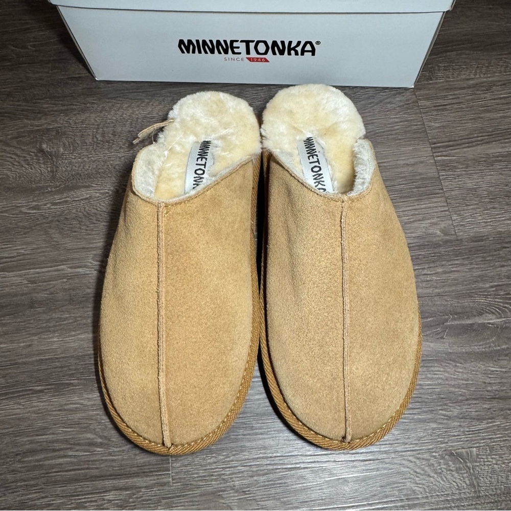 MINNETONKA Tan Stefanie Scuff Suede Slipper Cozy Winter Spa Lounge Women’s sz.9 - Picture 3 of 8